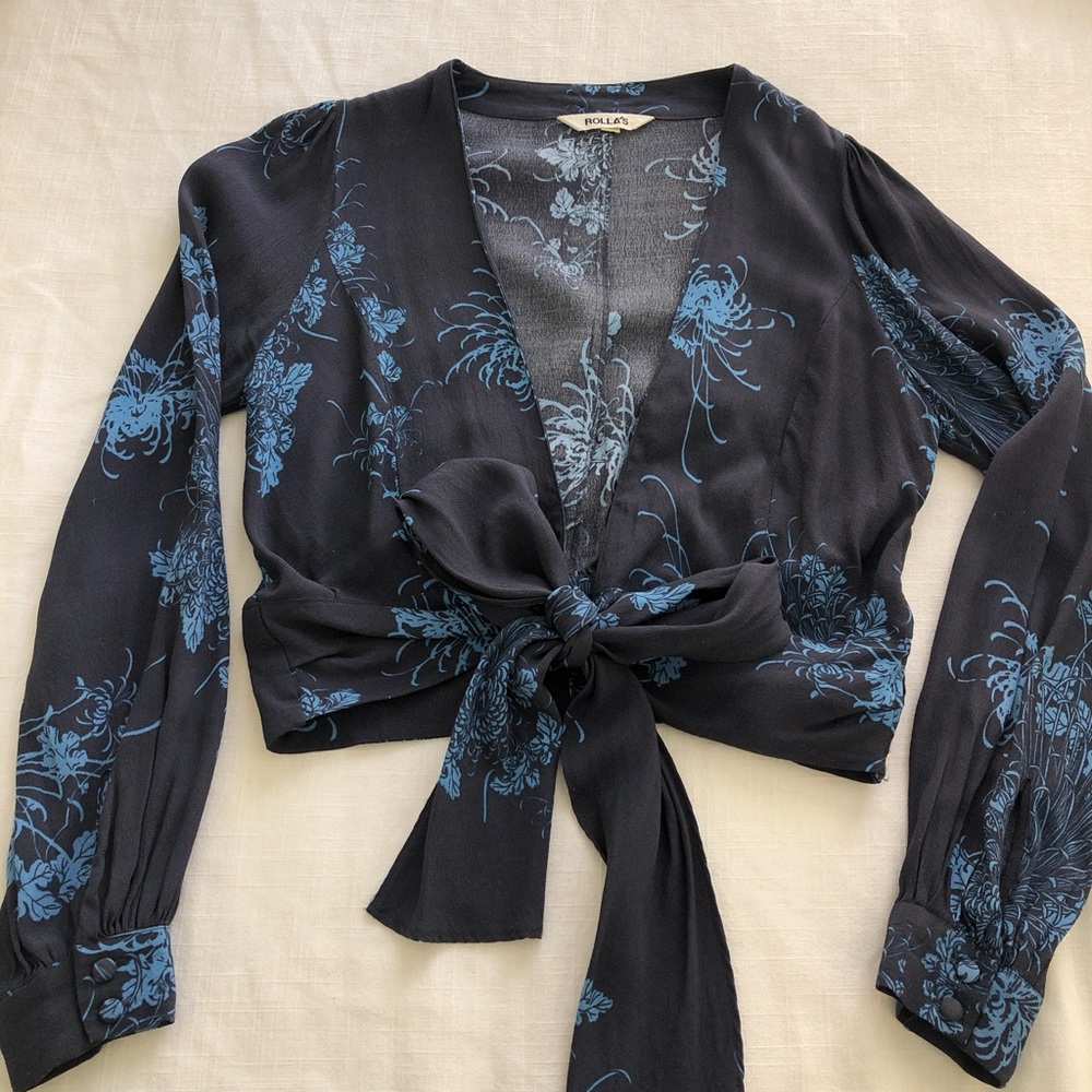 ROLLA'S Black and Blue Floral wrap tie Blouse